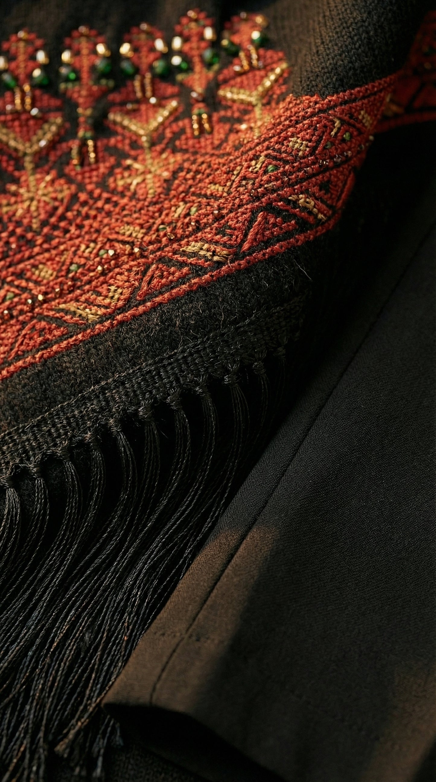 Women’s Black Crepe Cape Set with Red Arabic Embroidery | Short Embroidered Cape & Elastic Waist Pants