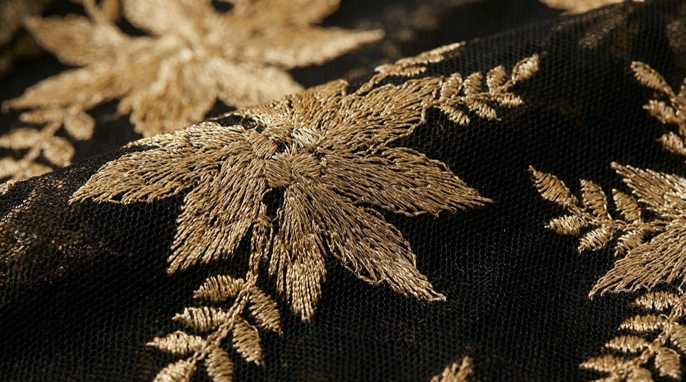 Women’s Black Tulle Abaya 2-Piece Set with Raised Gold Floral Embroidery | Satin Inner Dress