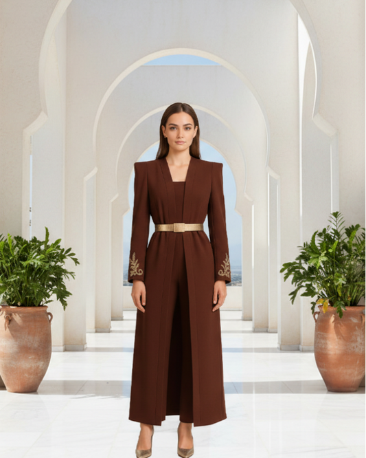 Modern Classic Two-Piece Women’s Abaya with Satin Waist Belt | Elegant Embroidered Style