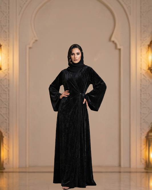 Black Velvet Open Wrap Abaya | Elegant Croisé Velvet Abaya for Women