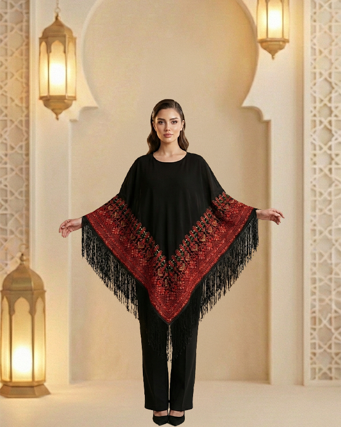 Women’s Black Crepe Cape Set with Red Arabic Embroidery | Short Embroidered Cape & Elastic Waist Pants