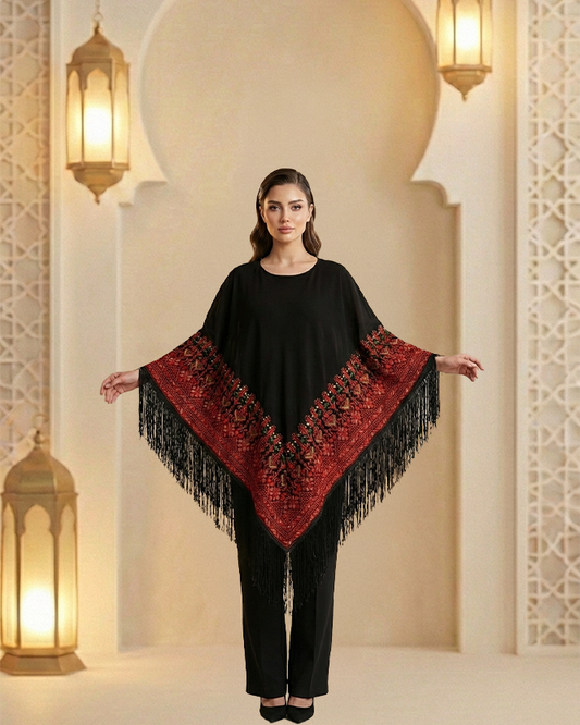 Women’s Black Crepe Cape Set with Red Arabic Embroidery | Short Embroidered Cape & Elastic Waist Pants