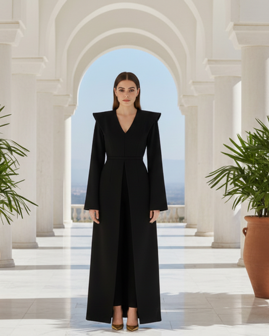Classic Modern Women’s Two-Piece Abaya Set with Embroidery | Adjustable Satin Belt