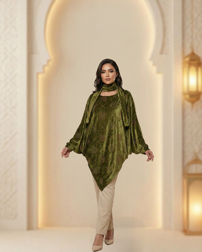 Short Velvet Embroidered Dress with Raglan Sleeves | Elegant Statement Dress