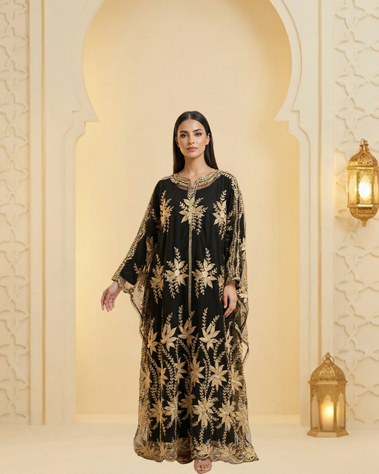 Women’s Black Tulle Abaya 2-Piece Set with Raised Gold Floral Embroidery | Satin Inner Dress