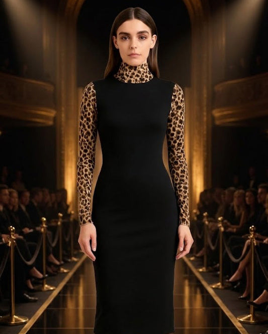 Women’s Black Velvet Dress with Tiger Velvet Details – Elegant Evening Look