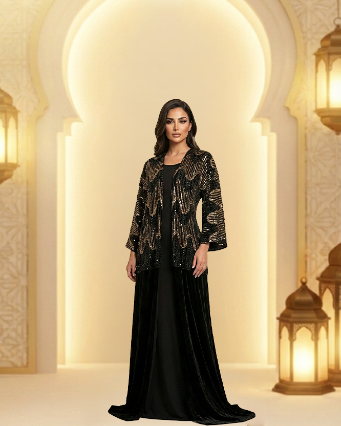 Black Velvet Embroidered Abaya with Gold Detailing | Luxury Evening Abaya