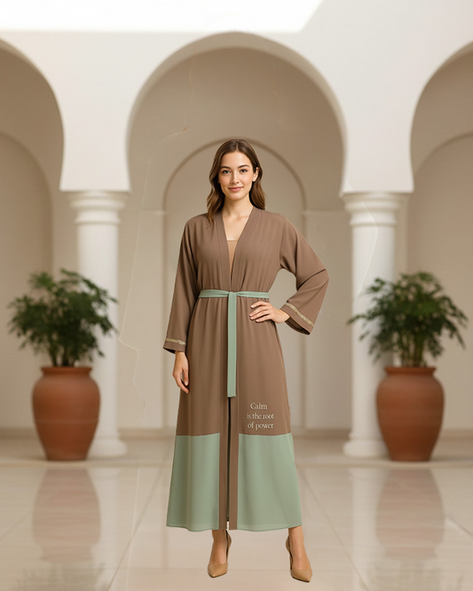 Women’s Open Casual Abaya in Crepe Fabric with Embroidered Message | Modern Classic Design