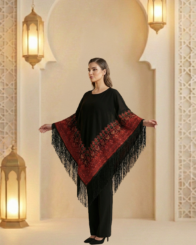 Women’s Black Crepe Cape Set with Red Arabic Embroidery | Short Embroidered Cape & Elastic Waist Pants
