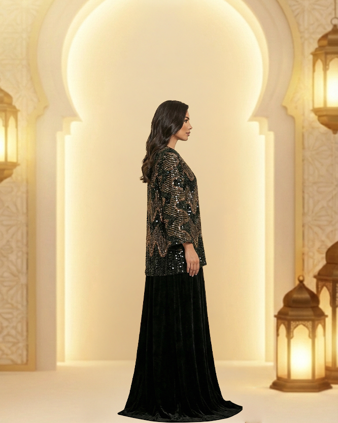 Black Velvet Embroidered Abaya with Gold Detailing | Luxury Evening Abaya