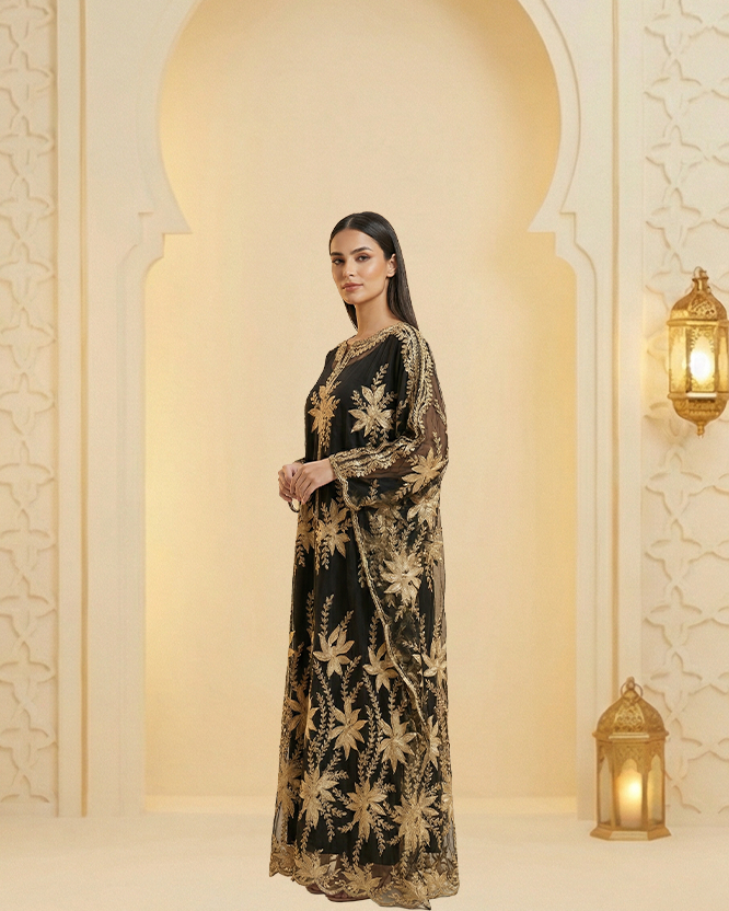 Women’s Black Tulle Abaya 2-Piece Set with Raised Gold Floral Embroidery | Satin Inner Dress