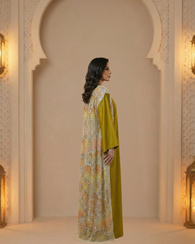 Women’s Two-Piece Off-Shoulder Evening Abaya Set | Embroidered Organza Outer & Plain Satin Inner