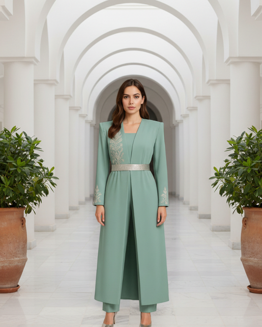 Women’s Elegant Two-Piece Abaya Set with Embroidery | Modern Classic Satin Belt Style