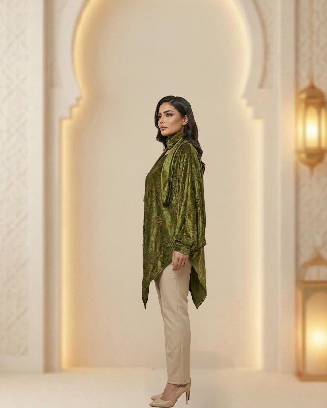 Short Velvet Embroidered Dress with Raglan Sleeves | Elegant Statement Dress