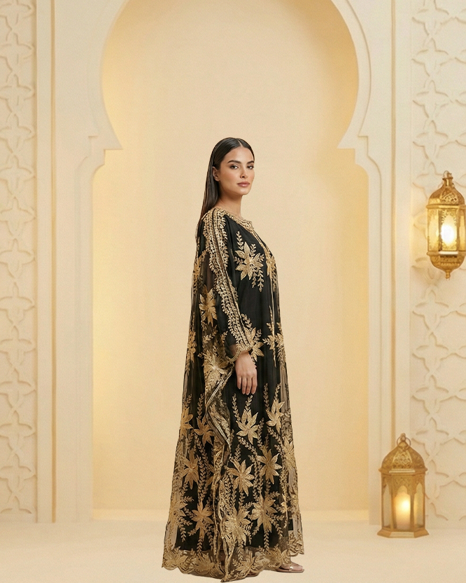 Women’s Black Tulle Abaya 2-Piece Set with Raised Gold Floral Embroidery | Satin Inner Dress