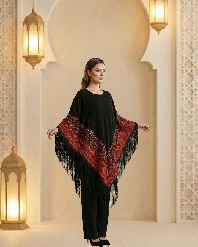 Women’s Black Crepe Cape Set with Red Arabic Embroidery | Short Embroidered Cape & Elastic Waist Pants