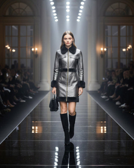 Women’s Dark Silver Premium Faux Leather Dress with Black Fur Trim – Elegant Winter Style