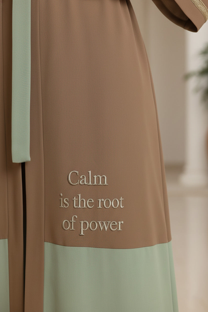 Women’s Open Casual Abaya in Crepe Fabric with Embroidered Message | Modern Classic Design