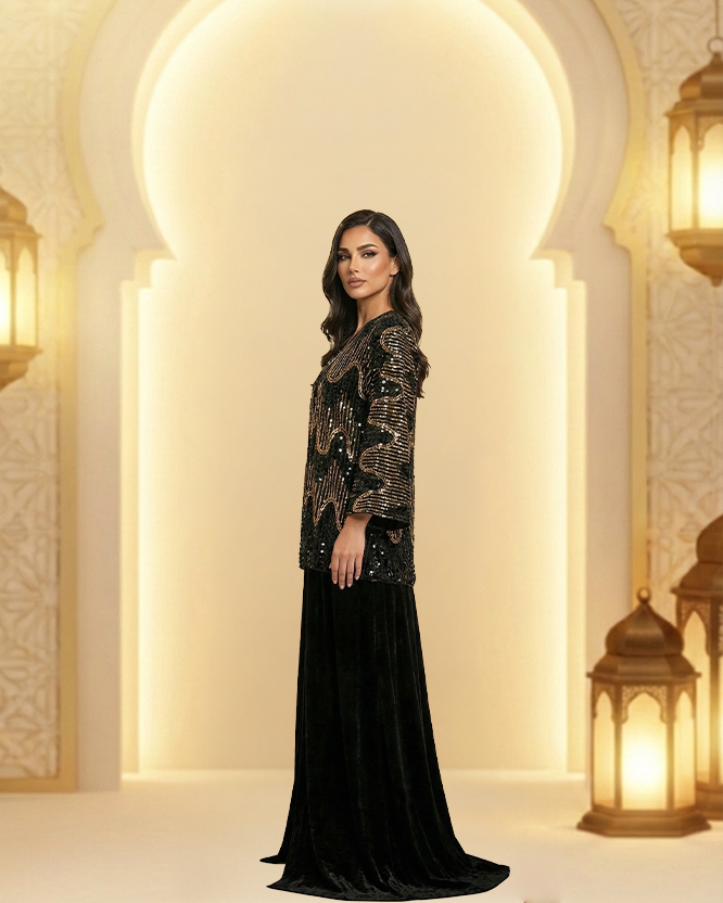 Black Velvet Embroidered Abaya with Gold Detailing | Luxury Evening Abaya