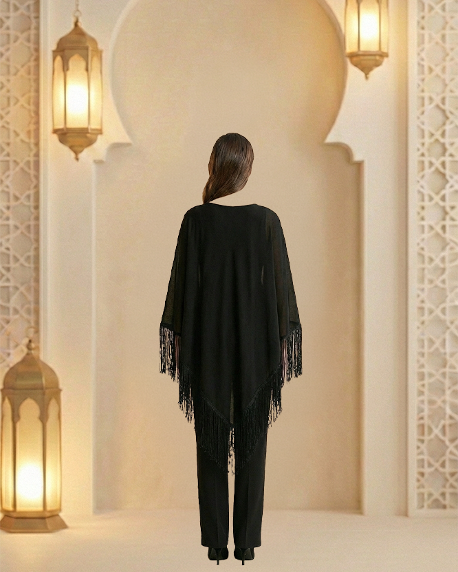 Women’s Black Crepe Cape Set with Red Arabic Embroidery | Short Embroidered Cape & Elastic Waist Pants