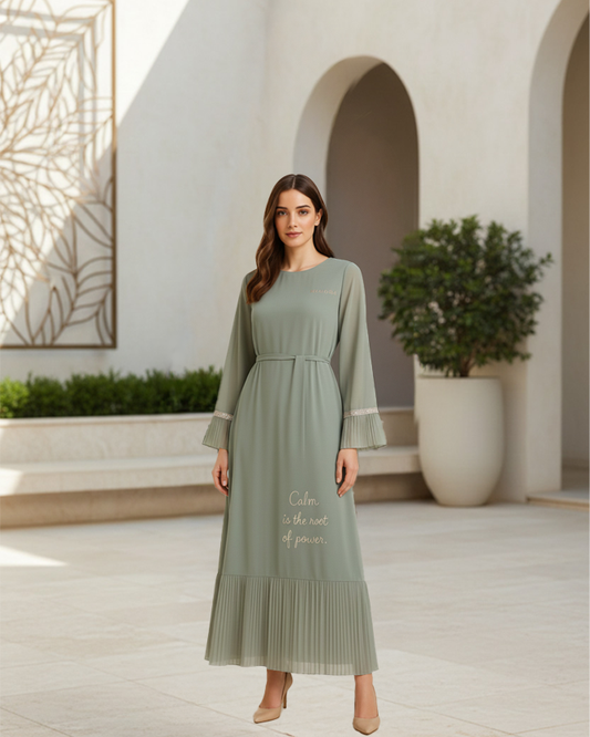 Women’s Everyday Casual Chiffon Dress with Pleated Detail | Elegant Message Embroidery