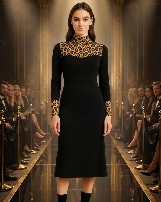 Women’s Black Velvet Dress with Tiger Velvet Trim – Elegant Evening Wear