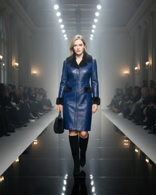 Women’s Blue Premium Faux Leather Dress with Black Fur Trim – Elegant Winter Style