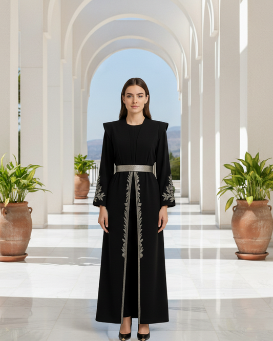 Elegant Modern Two-Piece Abaya for Women with Embroidered Details | Satin Belt Finish