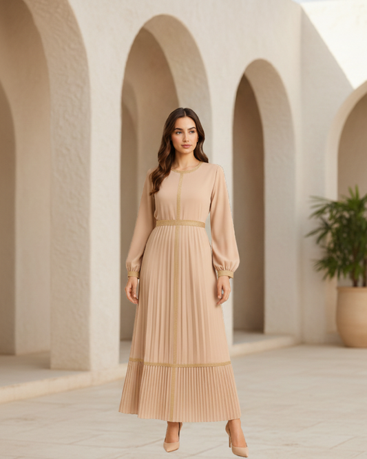 Women’s Casual Classic Modern Pleated Chiffon Dress | Elegant Embroidered Detail