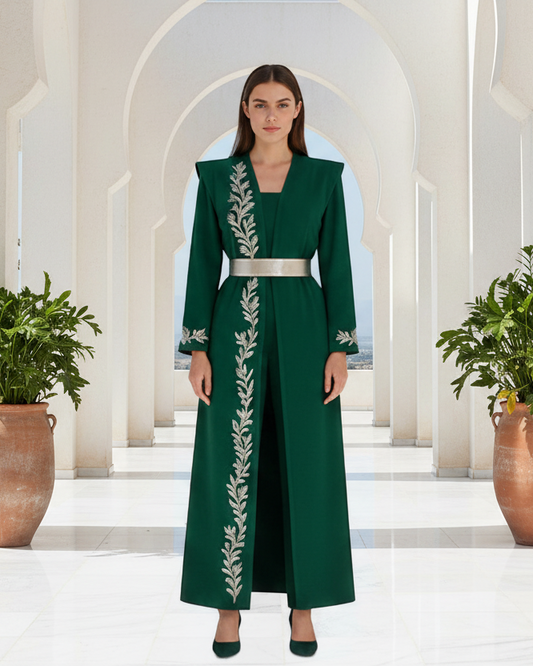 Elegant Women’s Two-Piece Abaya with Satin Belt & Embroidered Details | Modern Classic Style