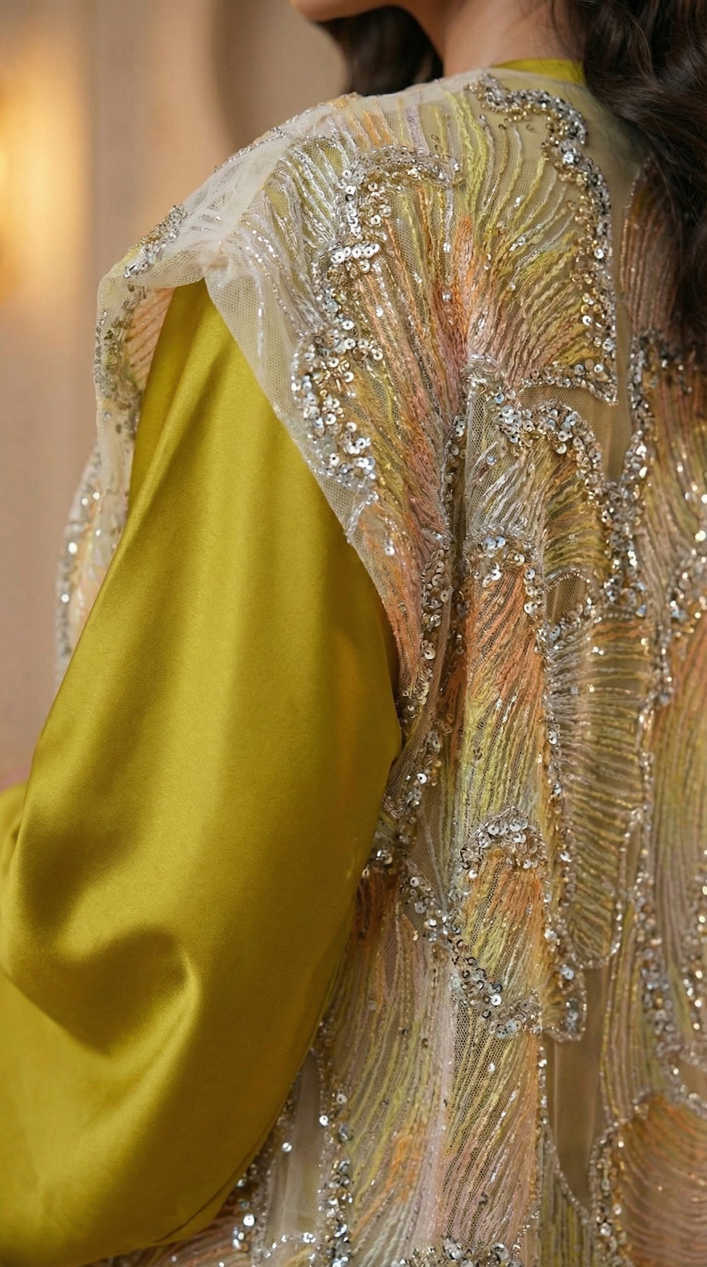 Women’s Two-Piece Off-Shoulder Evening Abaya Set | Embroidered Organza Outer & Plain Satin Inner