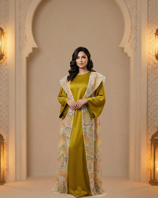 Women’s Two-Piece Off-Shoulder Evening Abaya Set | Embroidered Organza Outer & Plain Satin Inner